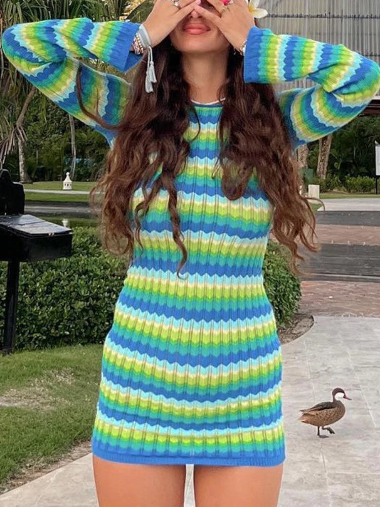 Women Long Sleeved Colored Stripes Mini Dress