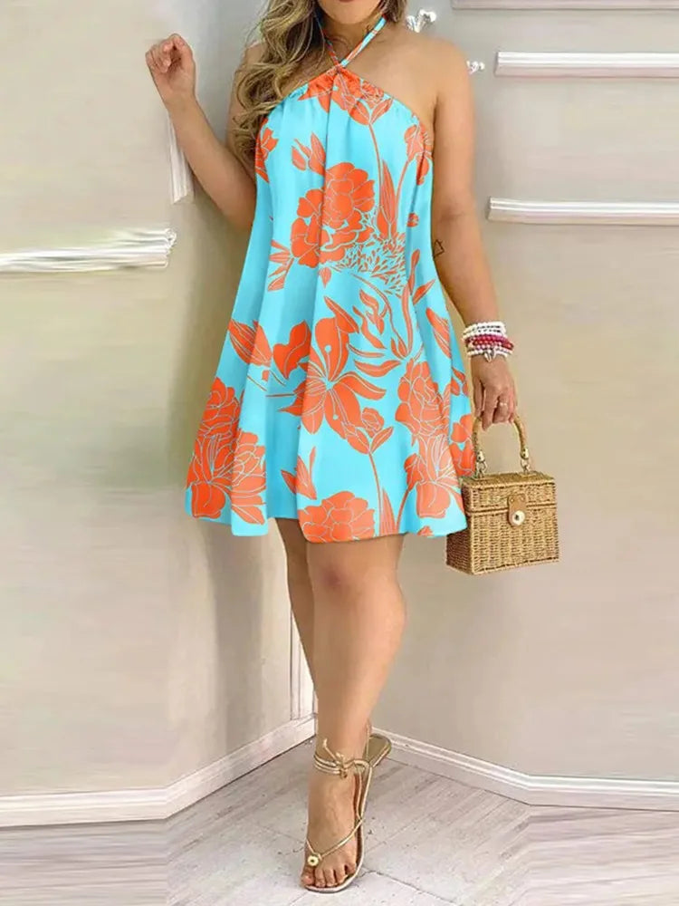 Women's Tropical Halter Backless Dress