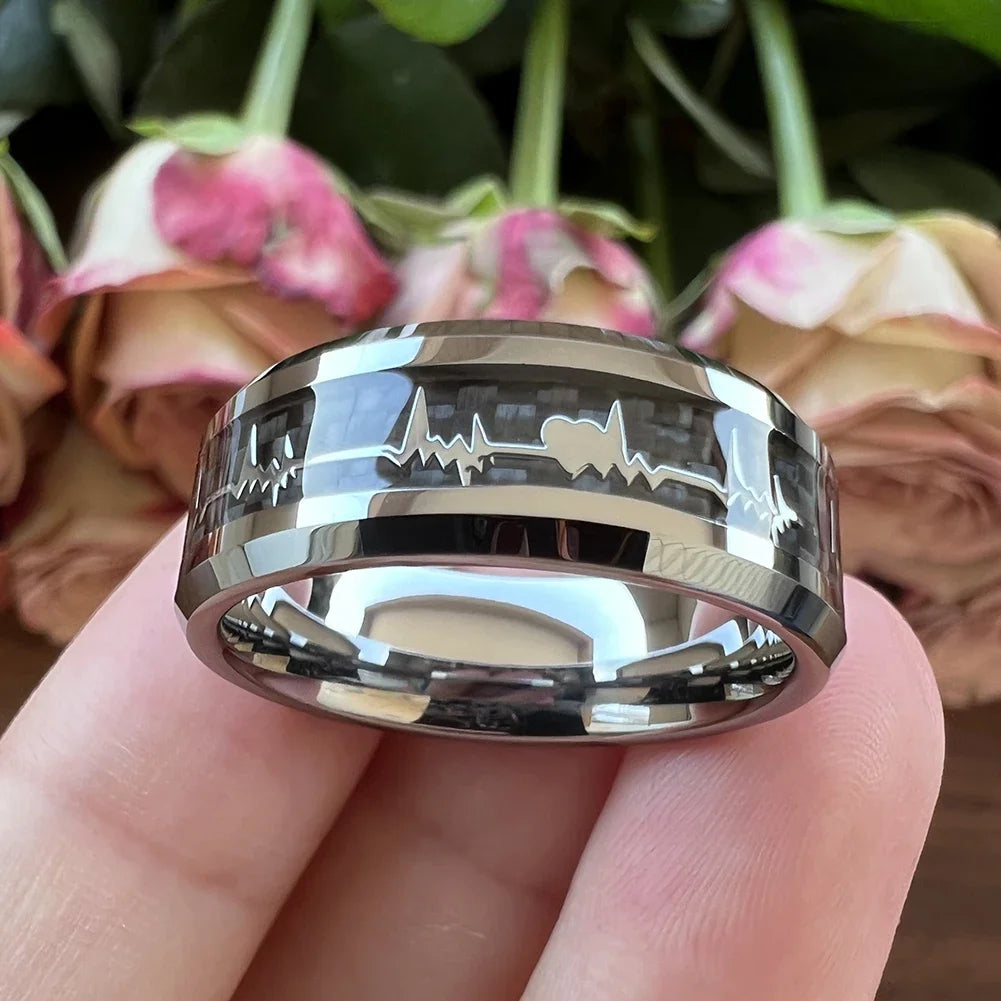 Fashion Black Carbon Fiber Heart Inlay Tungsten Carbide Engagement Rings Wedding Bands Domed Polished Shiny Comfort Fit