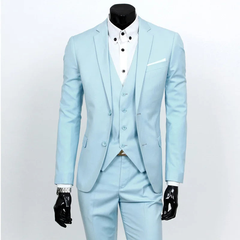 Light blue suit on a mannequin with a white shirt and black gloves against a light gray background