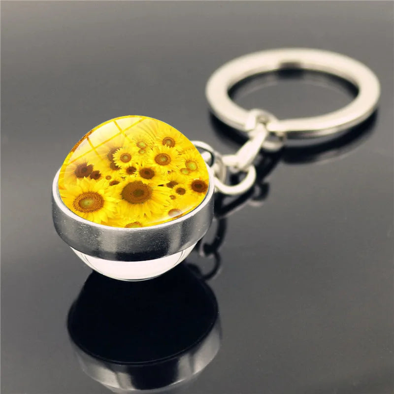 Sunflower Pattern Double Sided Glass Ball Keychain Pendant.