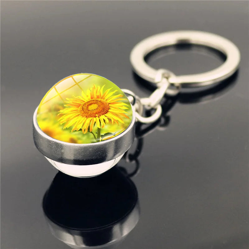 Sunflower Pattern Double Sided Glass Ball Keychain Pendant.