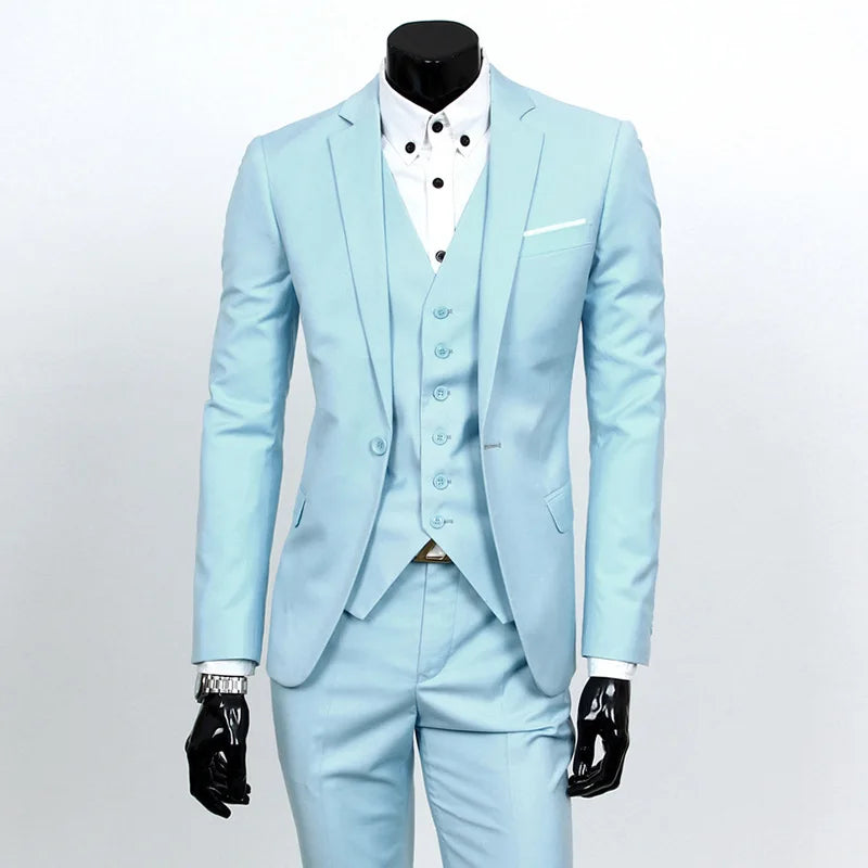 Light blue suit with white shirt and black gloves on a gray background