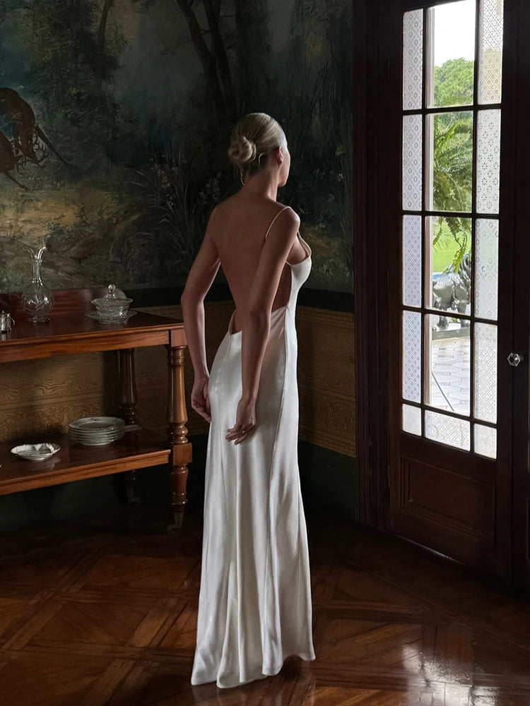 Women's Luxury White Satin Backless Veatido Dress