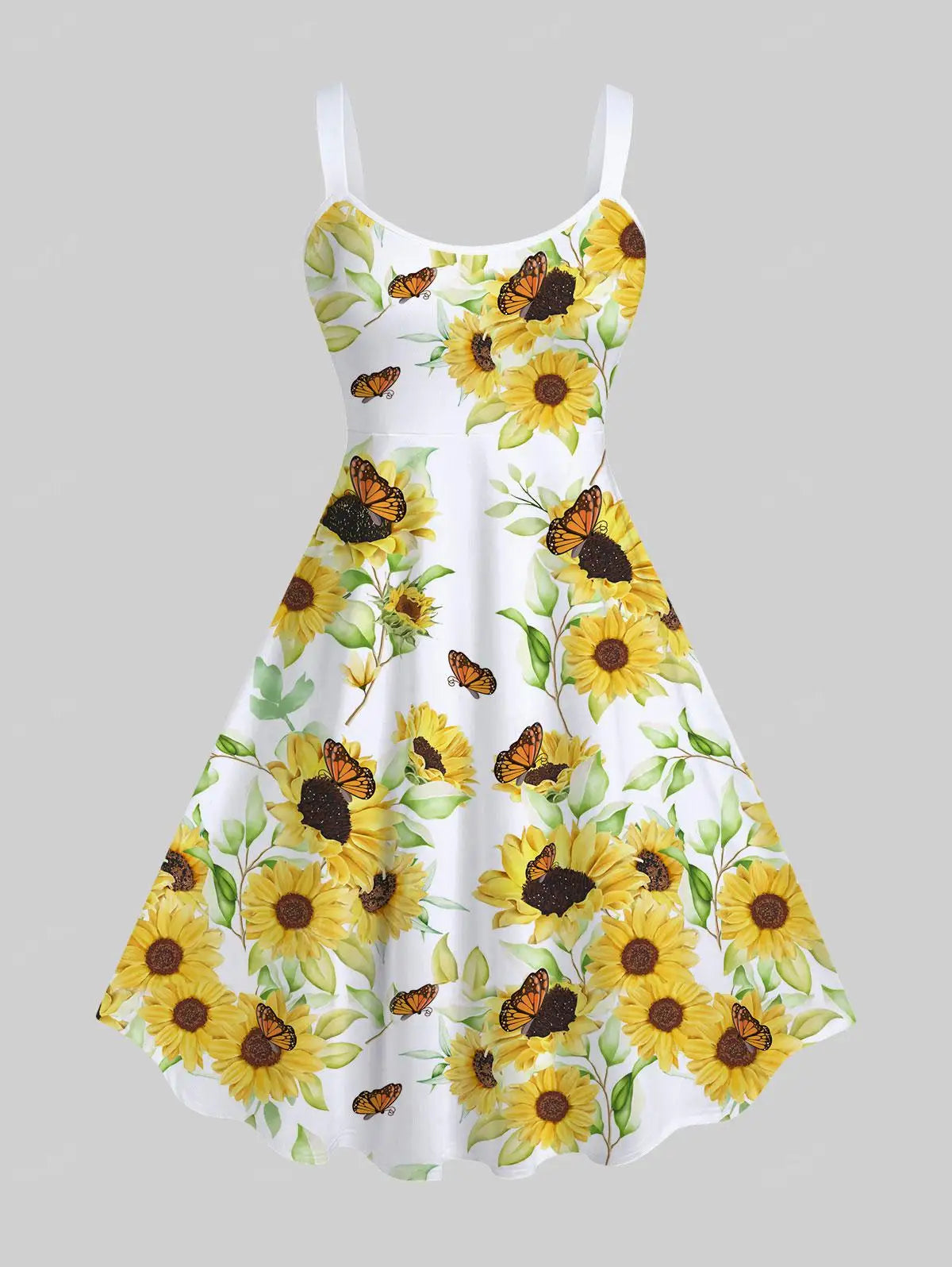 Sunflower Leaf Butterfly Print Flare Tank Dress