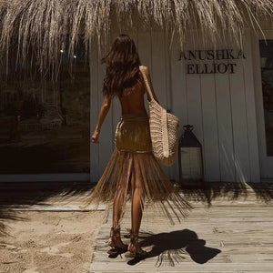 3Pcs Push Up Bikini With Tassels Skirt Swimwear