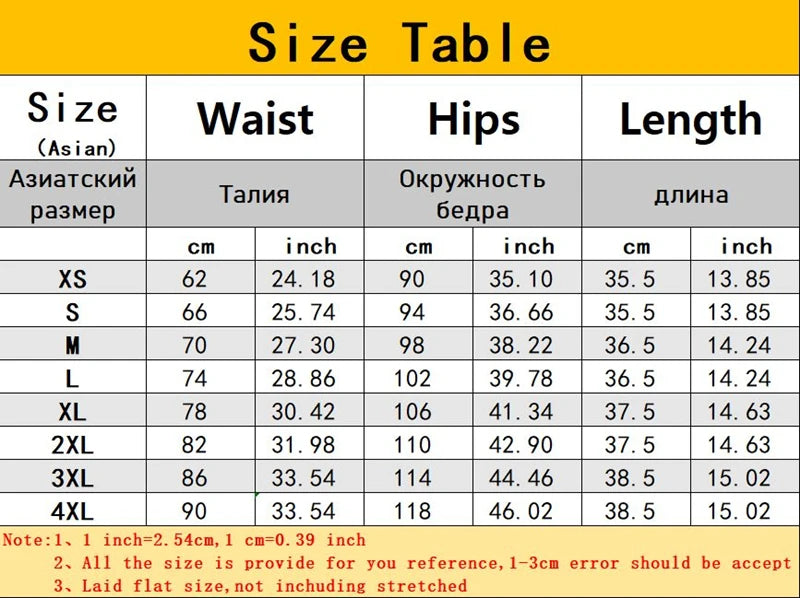 Size chart for clothing with waist, hips, and length measurements in centimeters and inches.