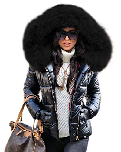 Women Winter Hood Down Coat (12, Black Faux Fur)
