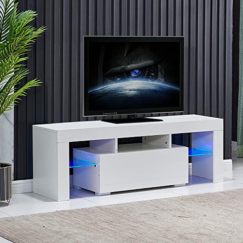 MeJa TV Stand Unit with LED Lights, High Gloss White TV Unit,