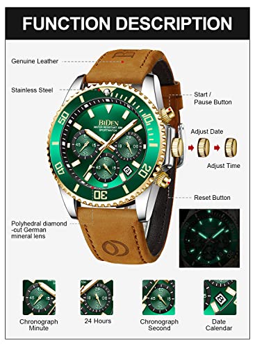 Men's Stainless Steel Chronograph Watch, Waterproof Designer Wristwatch, Luminous Analogue Business Watch With Date, brown