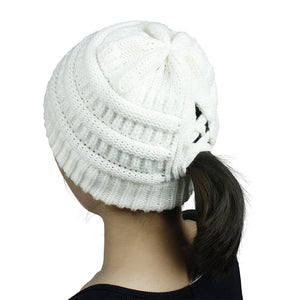 Criss Cross Knitted Ponytail Hat for Women